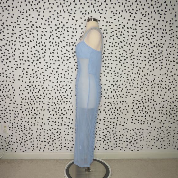 Beginning Boutique Blue Andrea Ruched Mesh Bodycon Midi Dress - Picture 6 of 11